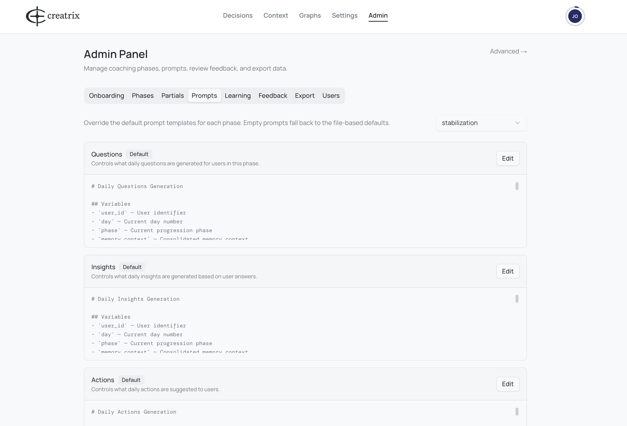 Creatrix Admin Panel for editing phase prompt templates