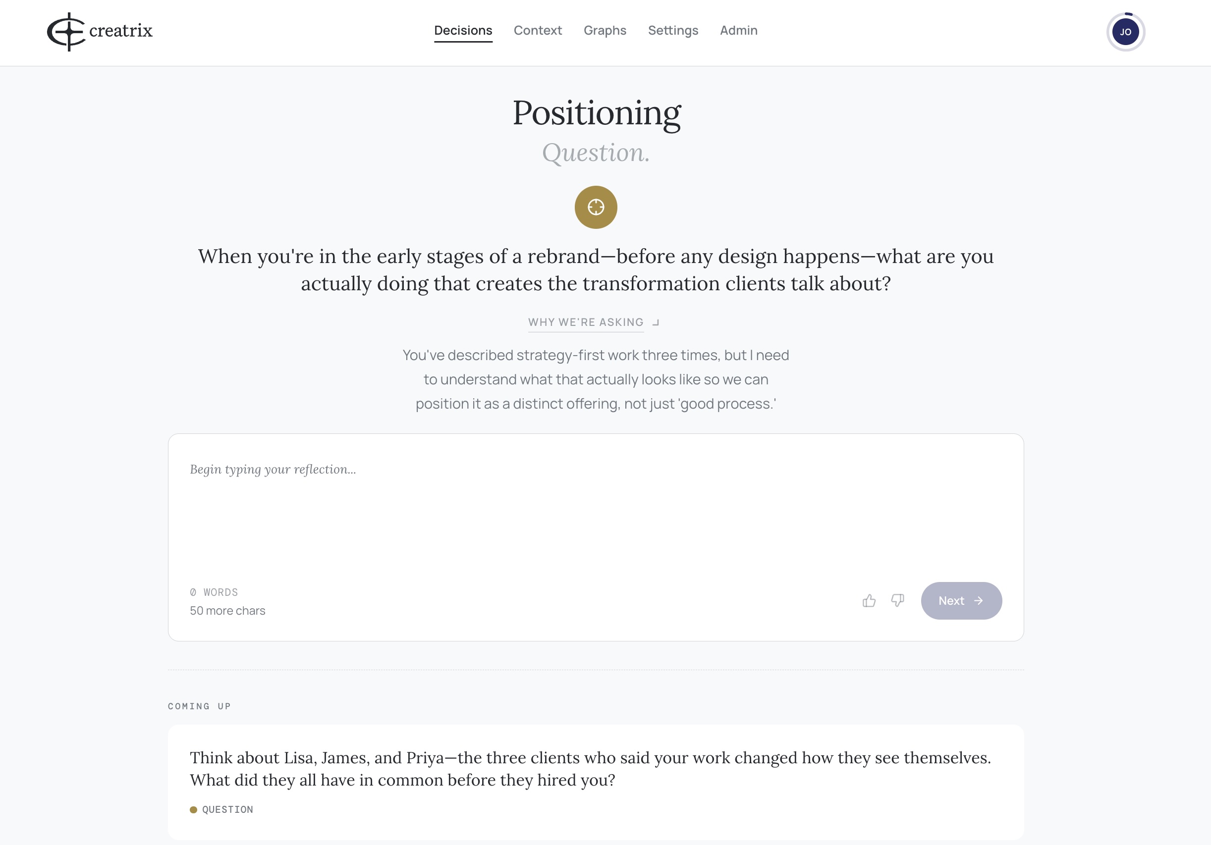 Creatrix Decisions screen with a positioning reflection question and response input